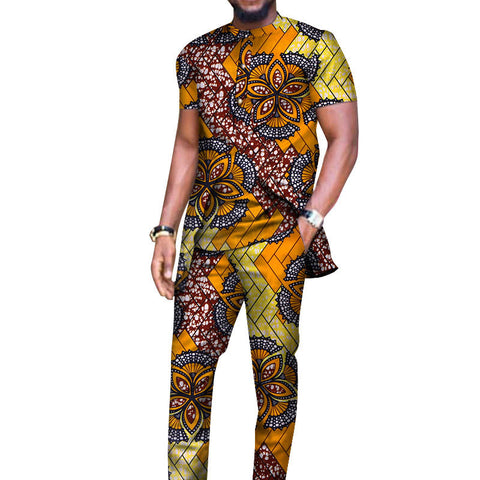 African Men's Long-sleeved T-shirt And Pants Suit Cotton