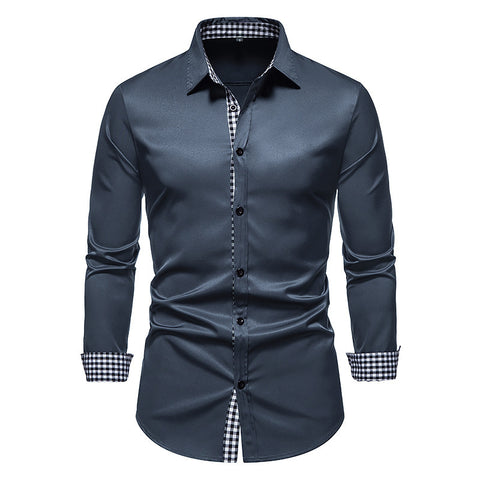 Color-blocking Plaid Collar Long-sleeved Shirt Slim-fit Men's Shirt