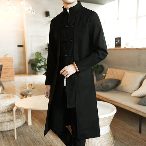 Cotton And Linen Mid-length Trench Coat Men's Slim-fit Large Size Coat