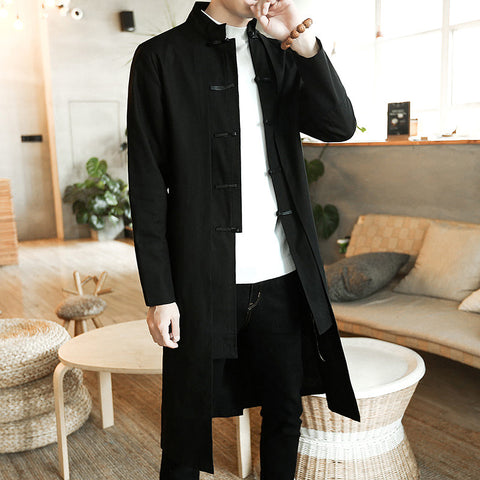 Cotton And Linen Mid-length Trench Coat Men's Slim-fit Large Size Coat