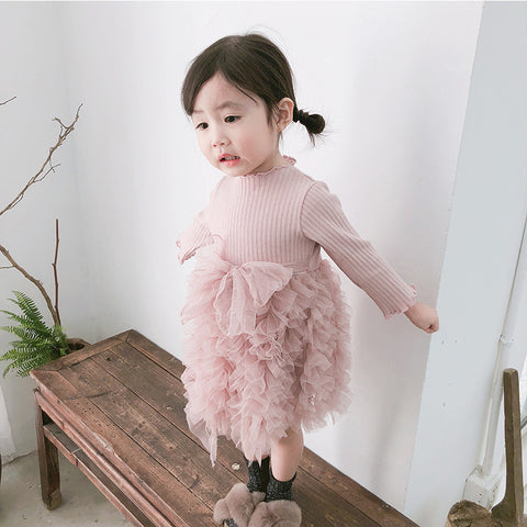 Autumn Baby Stitching Net Yarn Children's Skirt Bowknot Long-sleeved Knitted Dress