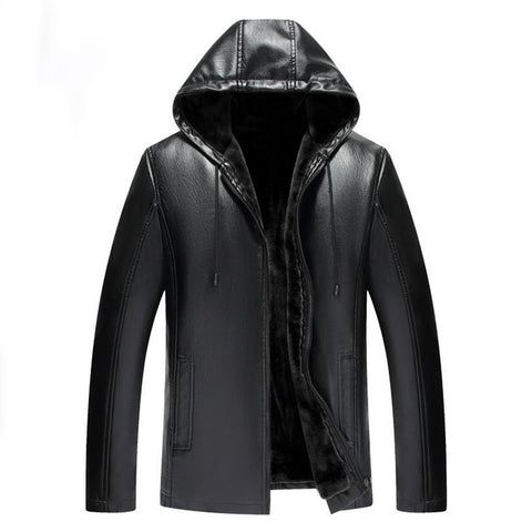 Autumn And Winter New Hooded Warm Leather Jacket Men's Fur One Plus Velvet Thickening Motorcycle Leather Jacket