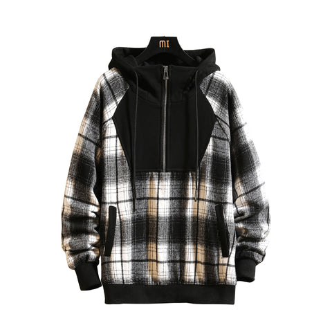 Japanese Trend Hooded High-Neck Plaid Stitching Sweater