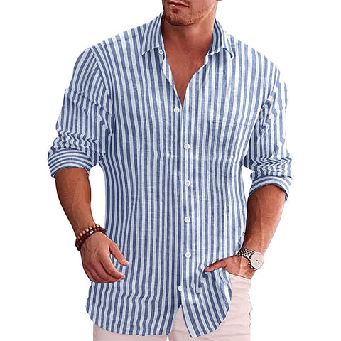 Casual Youth Lapel Striped Cotton Shirt