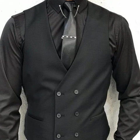 Black Formal Men Vest With Double Breasted V Neck One Piece