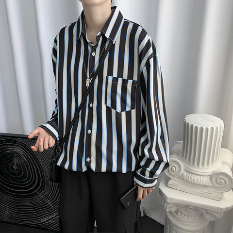 Hong Kong Style Color Block Striped Long-sleeved Shirt