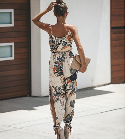 Printed sexy backless tether pocket sling V-neck female jumpsuit