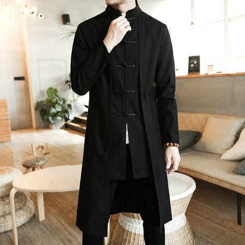 Cotton And Linen Mid-length Trench Coat Men's Slim-fit Large Size Coat