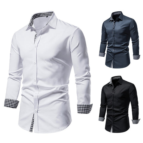 Color-blocking Plaid Collar Long-sleeved Shirt Slim-fit Men's Shirt