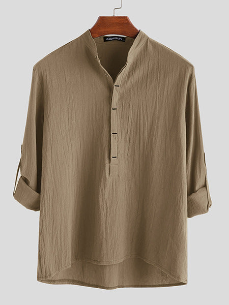 Casual Loose Solid Color Cotton And Linen Door Tube Jujube Long-sleeved Shirt