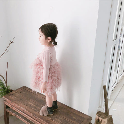 Autumn Baby Stitching Net Yarn Children's Skirt Bowknot Long-sleeved Knitted Dress