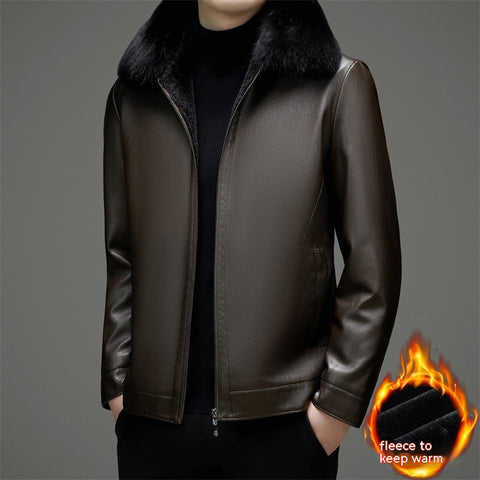 Business Casual Big Fur Collar Men's Leather Coat