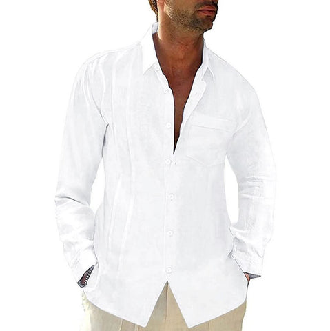 Pocket Lapel Fit Men's Long-sleeved Cotton And Linen Shirt