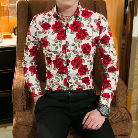 New Men's Slim Long-sleeved Printed Shirt