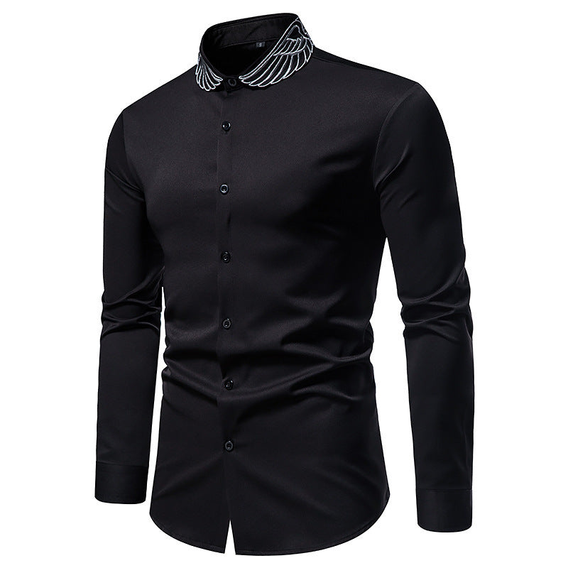 New Men's Stand Collar Fashion Wings Embroidered Shirt