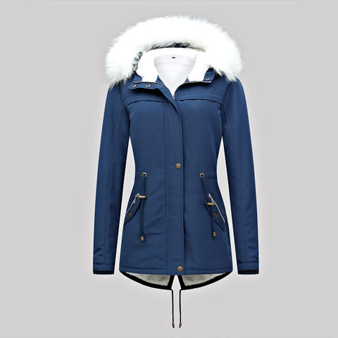 Blue Literary Casual Mid-length Zipper Cotton Jacket