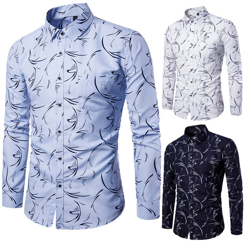 Printed Long-sleeved Slim Casual Shirt Men