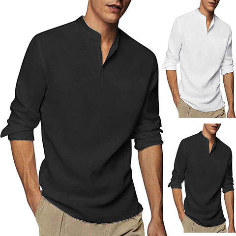 Casual Black Plain Cotton Long-sleeved Shirt