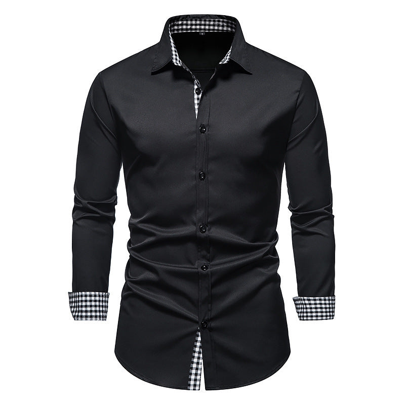 Color-blocking Plaid Collar Long-sleeved Shirt Slim-fit Men's Shirt