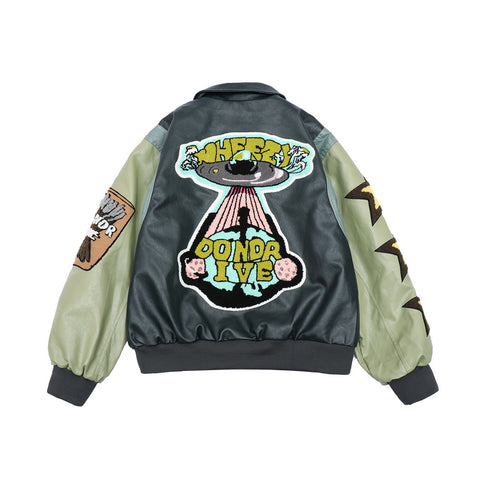 Cartoon Embroidery Contrast Color Stitching PU Leather Jacket Men's