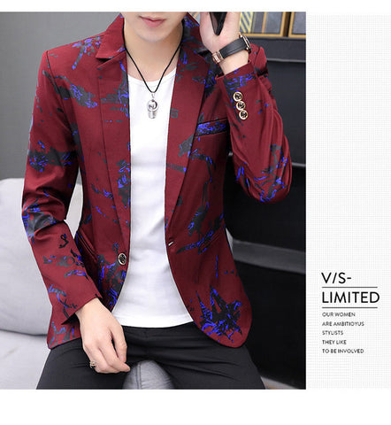 Bird Printed Men's Slim Fit Suit Coat