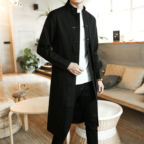 Cotton And Linen Mid-length Trench Coat Men's Slim-fit Large Size Coat