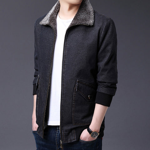 Denim Jacket Men's Loose Cargo Fur Collar