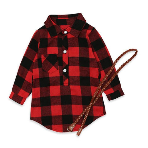 Fashion Girls Long Red Plaid Dress With Belt