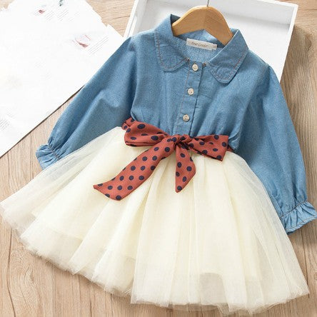 Toddler Dress Fashion Denim Panel Mesh Skirt