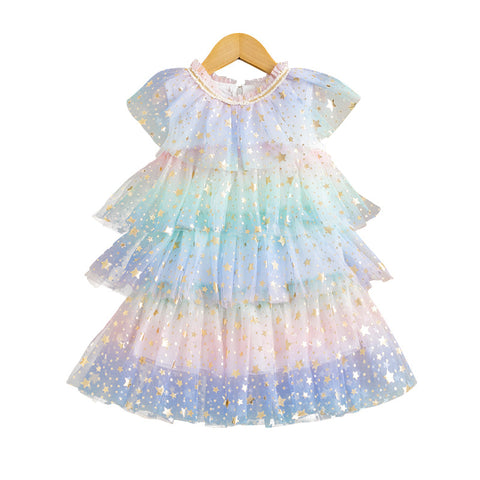 Girls Summer Rainbow Star Net Yarn Kids Princess Cake Dress