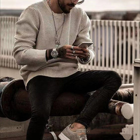 Men's Round Neck Loose-Fit Solid Color Fashion Sweater