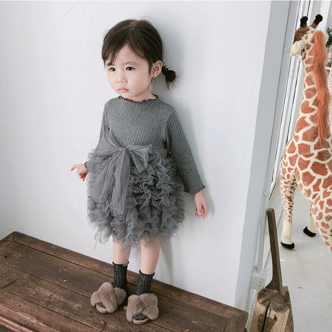 Autumn Baby Stitching Net Yarn Children's Skirt Bowknot Long-sleeved Knitted Dress