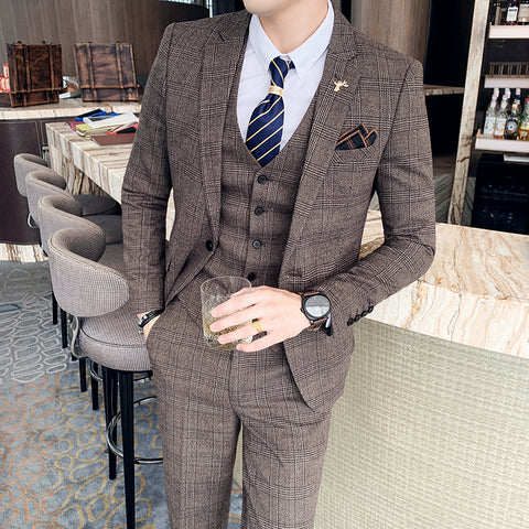 Slim-fit Check Three-piece Men's Casual Suit