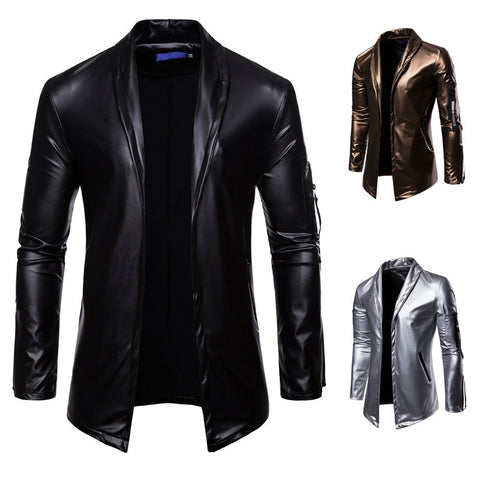 Men's elastic PU leather zipper motorcycle leather jacket