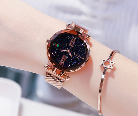 Luxury Women Watches Mesh Ladies Clock Magnet Buckle Starry Diamond Geometric Surface Quartz Wristwatch