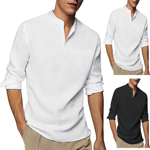 Casual Black Plain Cotton Long-sleeved Shirt