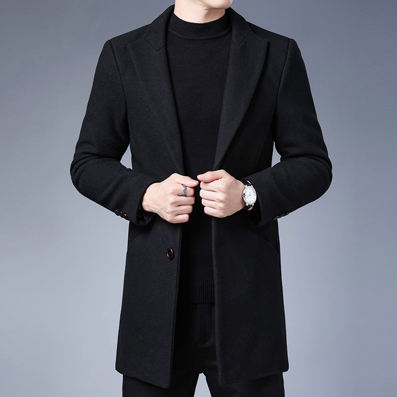 Handsome Men's Jacket With Wool Solid Color Lapel Collar