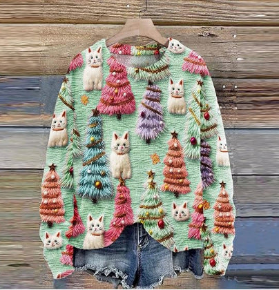 Christmas Printed Raglan Long Sleeve Women's Sweater Casual