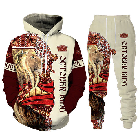 3D Lion Printing Hooded Pullover Men's Suit