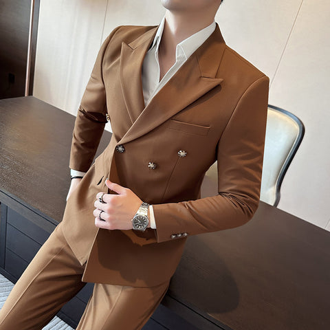 Double Breasted Big Closure Collar Suit Men's Autumn And Winter Thick Dress Two-piece Suit