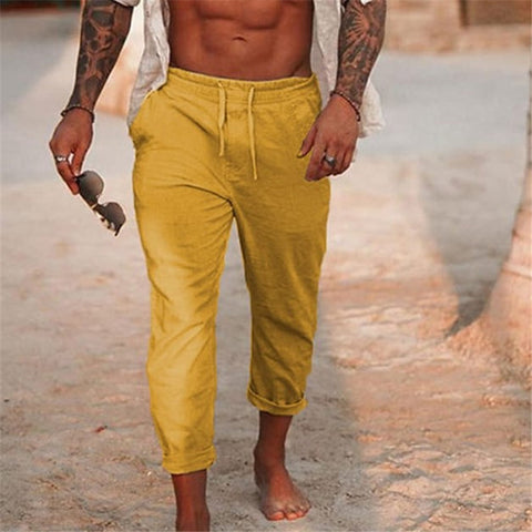 Men's New Summer Cotton Linen Solid Color Drawstring Loose Outdoor Casual Beach Pants