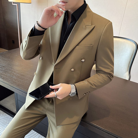 Double Breasted Big Closure Collar Suit Men's Autumn And Winter Thick Dress Two-piece Suit