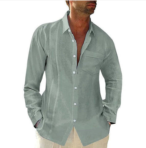 Pocket Lapel Fit Men's Long-sleeved Cotton And Linen Shirt