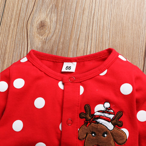 Cotton Polka Dot One-Piece Romper With Buttoned Round Neck Embroidered Deer Head One-piece