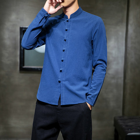 Large Size Long-sleeved Shirt With Disc Button Stand Collar