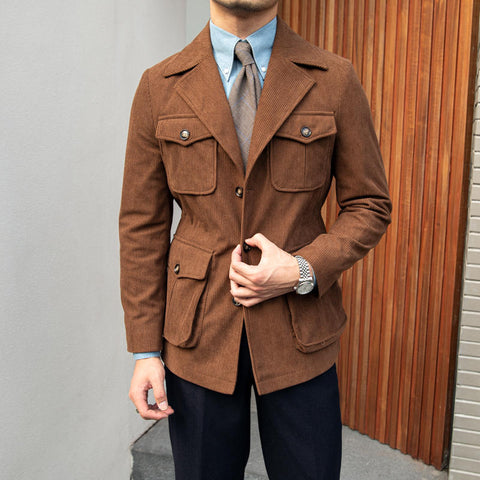 Corduroy Waisted Safari Jacket With Lapels