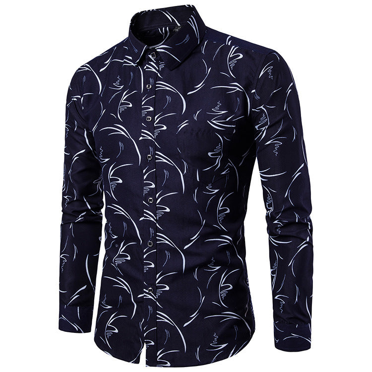 Printed Long-sleeved Slim Casual Shirt Men