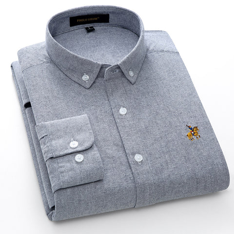 European Size Cotton Oxford Men's Long-sleeved Embroidery Shirt