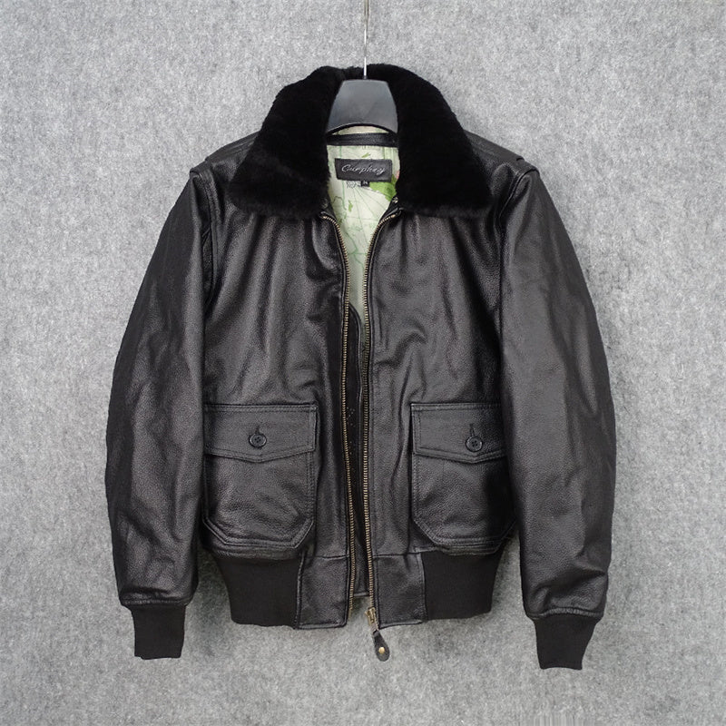 Detachable Fur Collar Flight Suit Cowhide Leather Jacket