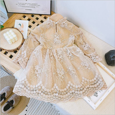 Children's New Lace Bowknot Plus Velvet Long Sleeve Dress